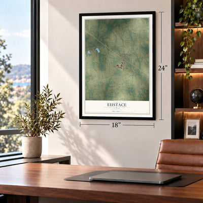Eustace, Texas map, 18 x 24 inch print in a black frame in a home office