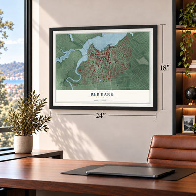 Red Bank, New Jersey map, 18 x 24 inch print in a black frame in a home office