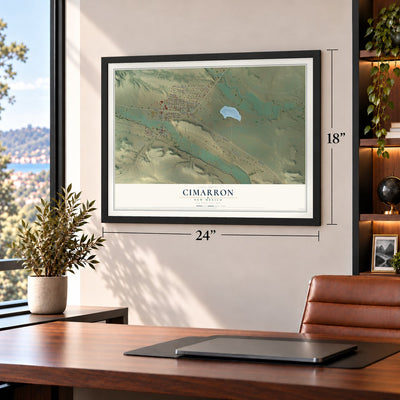 Cimarron, New Mexico map, 18 x 24 inch print in a black frame in a home office