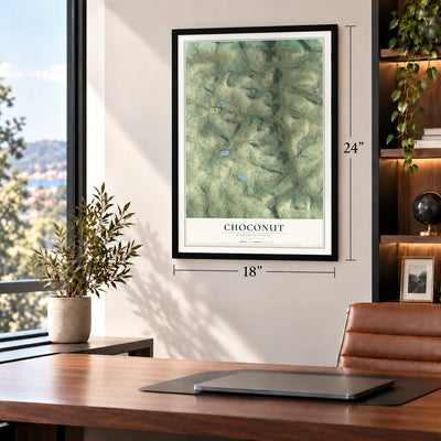 Choconut, Pennsylvania map, 18 x 24 inch print in a black frame in a home office