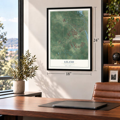 Leland, North Carolina map, 18 x 24 inch print in a black frame in a home office