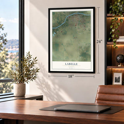 LaBelle, Florida map, 18 x 24 inch print in a black frame in a home office