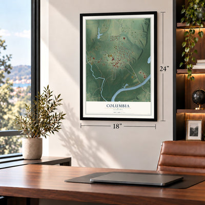 Columbia, Alabama map, 18 x 24 inch print in a black frame in a home office