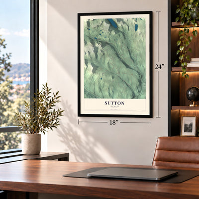 Sutton, Vermont map, 18 x 24 inch print in a black frame in a home office