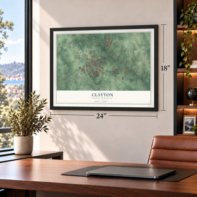 Clayton, North Carolina map, 18 x 24 inch print in a black frame in a home office