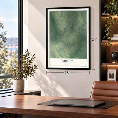 Cusseta, Alabama map, 18 x 24 inch print in a black frame in a home office