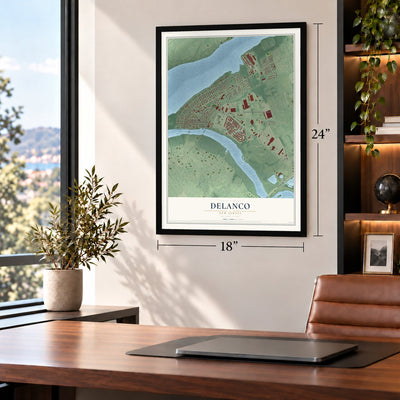 Delanco, New Jersey map, 18 x 24 inch print in a black frame in a home office