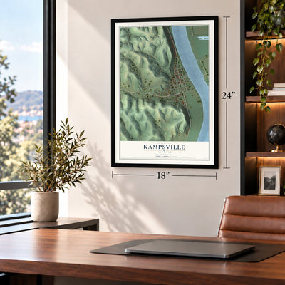 Kampsville, Illinois map, 18 x 24 inch print in a black frame in a home office