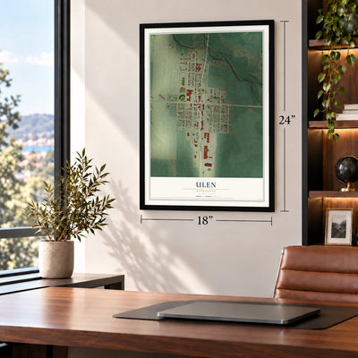 Ulen, Minnesota map, 18 x 24 inch print in a black frame in a home office