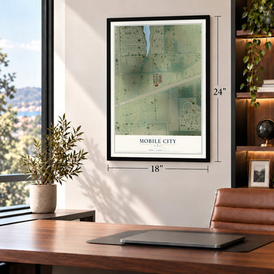 Mobile City, Texas map, 18 x 24 inch print in a black frame in a home office