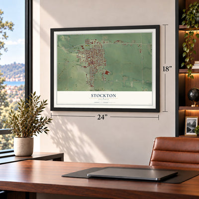 Stockton, Illinois map, 18 x 24 inch print in a black frame in a home office