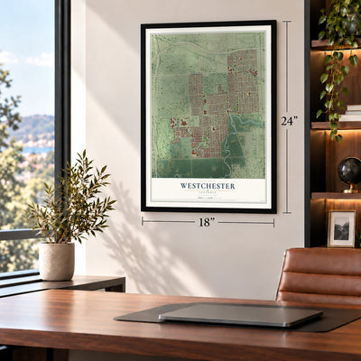 Westchester, Illinois map, 18 x 24 inch print in a black frame in a home office