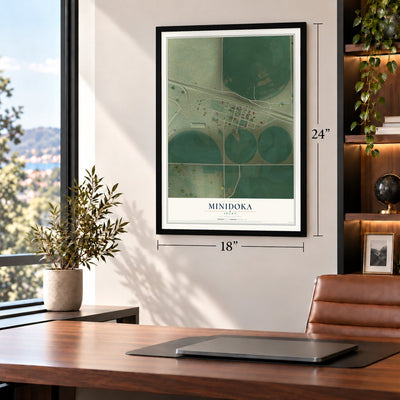 Minidoka, Idaho map, 18 x 24 inch print in a black frame in a home office