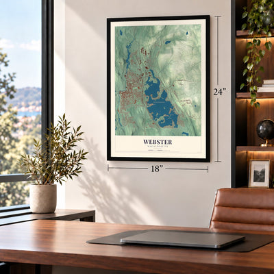 Webster, Massachusetts map, 18 x 24 inch print in a black frame in a home office