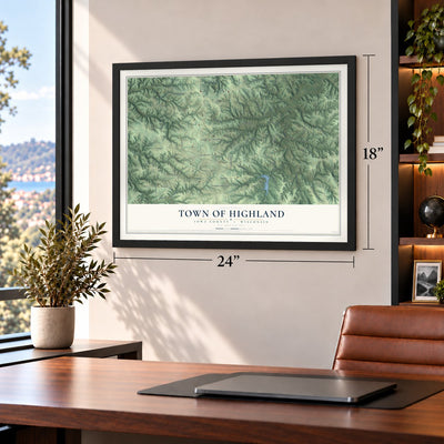 Town of Highland, Iowa County, Wisconsin map, 18 x 24 inch print in a black frame in a home office