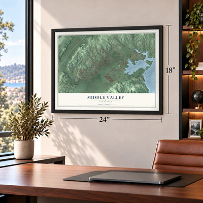 Middle Valley, Tennessee map, 18 x 24 inch print in a black frame in a home office