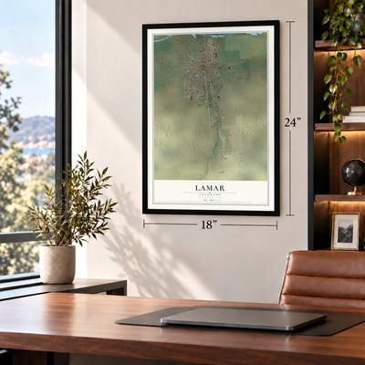 Lamar, Colorado map, 18 x 24 inch print in a black frame in a home office