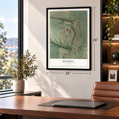 Reserve, New Mexico map, 18 x 24 inch print in a black frame in a home office