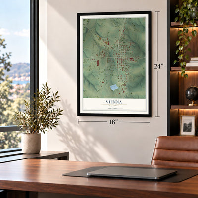 Vienna, Missouri map, 18 x 24 inch print in a black frame in a home office