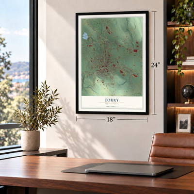 Corry, Pennsylvania map, 18 x 24 inch print in a black frame in a home office