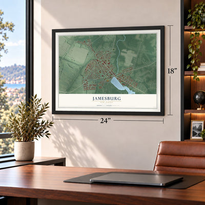 Jamesburg, New Jersey map, 18 x 24 inch print in a black frame in a home office