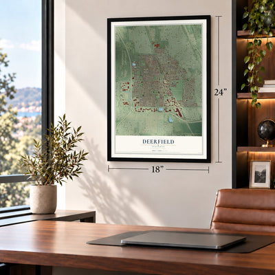 Deerfield, Illinois map, 18 x 24 inch print in a black frame in a home office