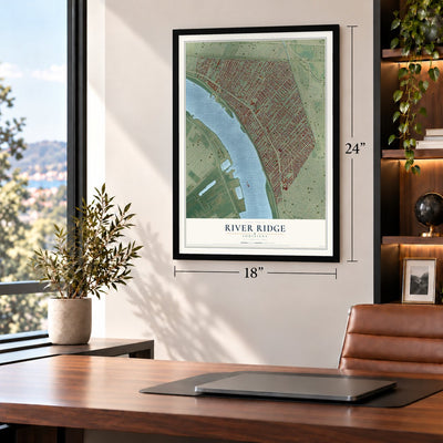 River Ridge, Louisiana map, 18 x 24 inch print in a black frame in a home office