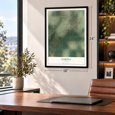 Farina, Illinois map, 18 x 24 inch print in a black frame in a home office