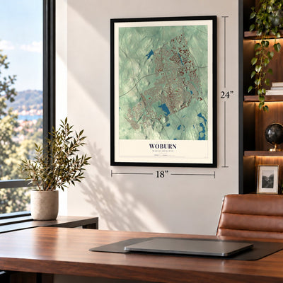 Woburn, Massachusetts map, 18 x 24 inch print in a black frame in a home office