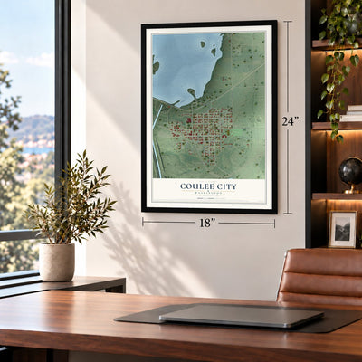 Coulee City, Washington map, 18 x 24 inch print in a black frame in a home office