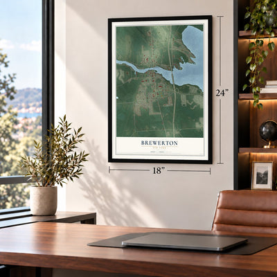 Brewerton, New York map, 18 x 24 inch print in a black frame in a home office
