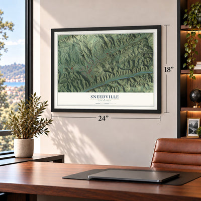 Sneedville, Tennessee map, 18 x 24 inch print in a black frame in a home office