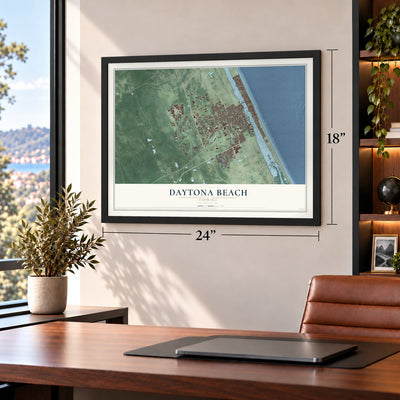 Daytona Beach, Florida map, 18 x 24 inch print in a black frame in a home office