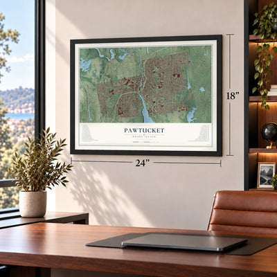 Pawtucket, Rhode Island map, 18 x 24 inch print in a black frame in a home office