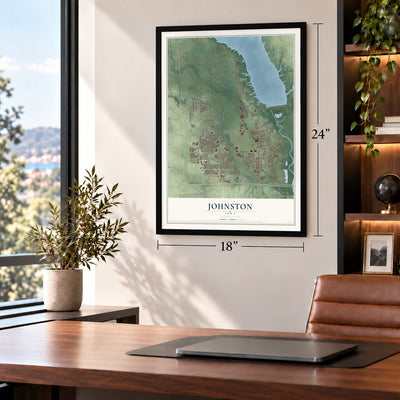 Johnston, Iowa map, 18 x 24 inch print in a black frame in a home office