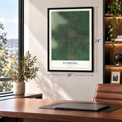 Hamburg, Arkansas map, 18 x 24 inch print in a black frame in a home office