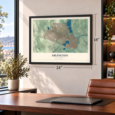 Arlington, Massachusetts map, 18 x 24 inch print in a black frame in a home office