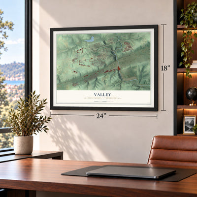 Valley, Chester County, Pennsylvania map, 18 x 24 inch print in a black frame in a home office