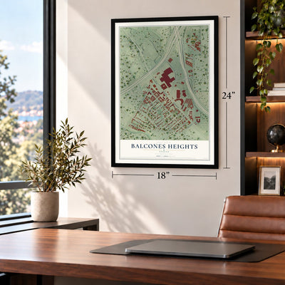 Balcones Heights, Texas map, 18 x 24 inch print in a black frame in a home office