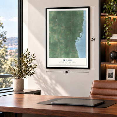 Fraser, Bay County, Michigan map, 18 x 24 inch print in a black frame in a home office