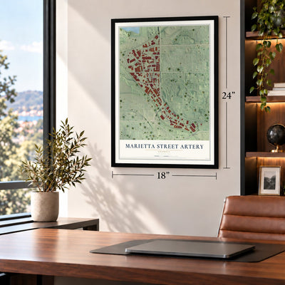 Marietta Street Artery, Georgia map, 18 x 24 inch print in a black frame in a home office