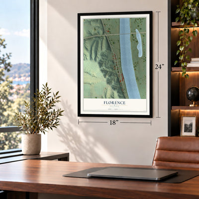 Florence, Illinois map, 18 x 24 inch print in a black frame in a home office