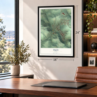 Troy, Idaho map, 18 x 24 inch print in a black frame in a home office
