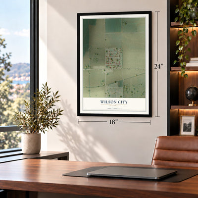 Wilson City, Missouri map, 18 x 24 inch print in a black frame in a home office