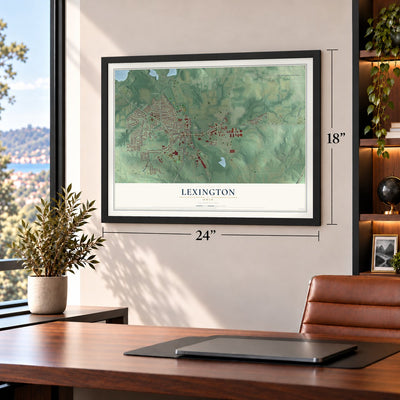 Lexington, Ohio map, 18 x 24 inch print in a black frame in a home office