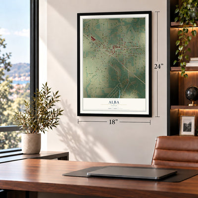 Alba, Texas map, 18 x 24 inch print in a black frame in a home office