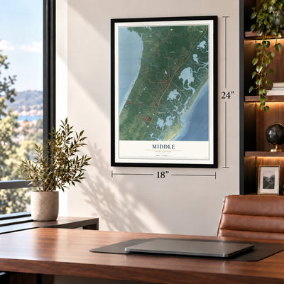 Middle, New Jersey map, 18 x 24 inch print in a black frame in a home office