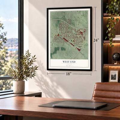 West End, Georgia map, 18 x 24 inch print in a black frame in a home office