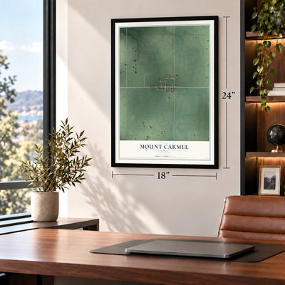 Mount Carmel, Indiana map, 18 x 24 inch print in a black frame in a home office