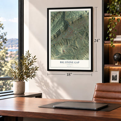 Big Stone Gap, Virginia map, 18 x 24 inch print in a black frame in a home office